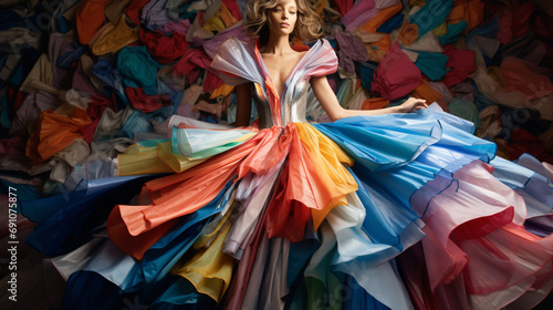 A model in a couture outfit surrounded by cascading sheets of colorful paper, forming a visually dynamic and artistic environment that enhances the fashion concept