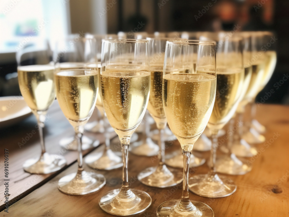 Two elegant champagne flutes filled with sparkling bubbly, placed on a reflective surface.