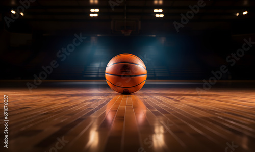 basketball lying on wooden floor of basketball