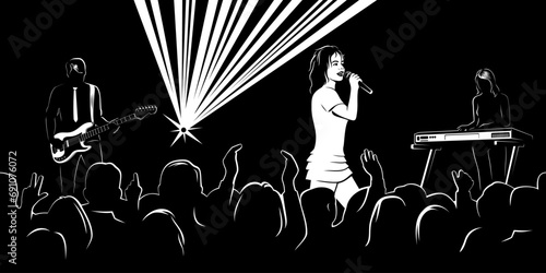 Silhouette of  Singer girl with musicians on a stage and crowd audience on a concert, music show.. Audience is the separate object. Vector illustration.