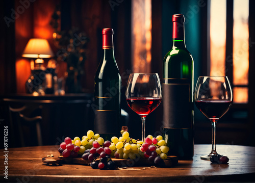 Bottles of red wine  glasses and grapes on a wooden table in a cozy atmospheric restaurant