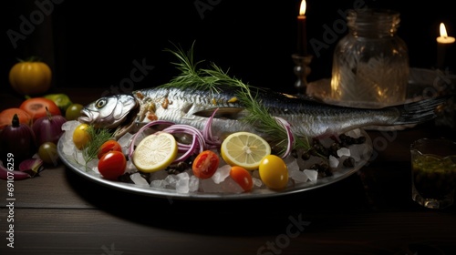 Sild - Marinated herring, a variety of flavors on a serving platter, Nordic kitchen scene