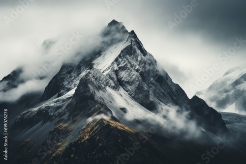 A landscape of a sharp peak of the rocky mountain, high mount summit, hiking wallpaper forest mountain on winter, very cold scene, relaxing moody, stormy foggy day, generated by AI.