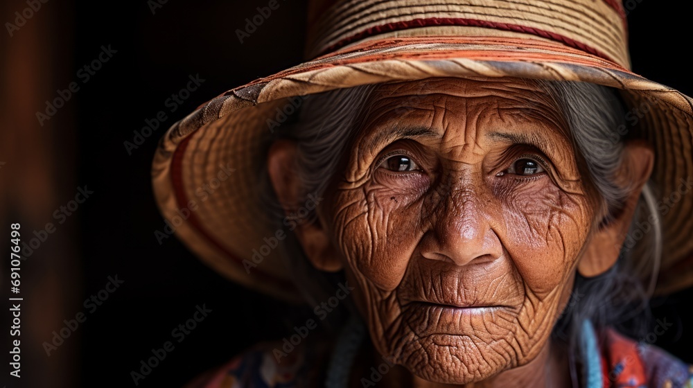 Close-up of the face of a very old Brazilian woman with heavy wrinkles and a straw hat