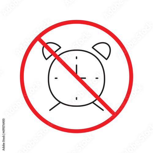 Forbidden clock vector icon. Warning, caution, attention, restriction, label, ban, danger. No alarm clock flat sign design pictogram symbol. No clock icon