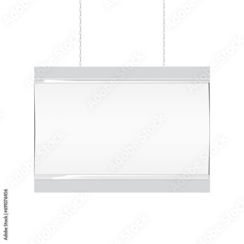 Hanging supermarket promotion banner display board vector mockup. Ceiling blank white sign holder for retail store realistic mock-up. Template for design