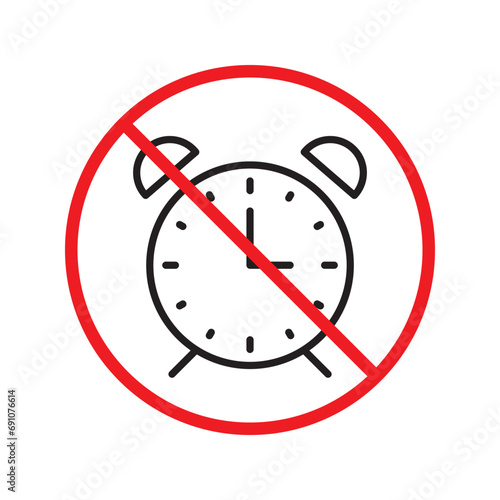 Forbidden clock vector icon. Warning, caution, attention, restriction, label, ban, danger. No alarm clock flat sign design pictogram symbol. No clock icon