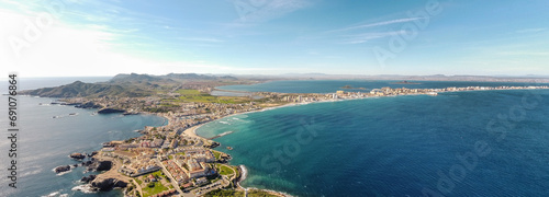 Aerial drone perspective of famous region La Manga, Murcia Province. Spain. 