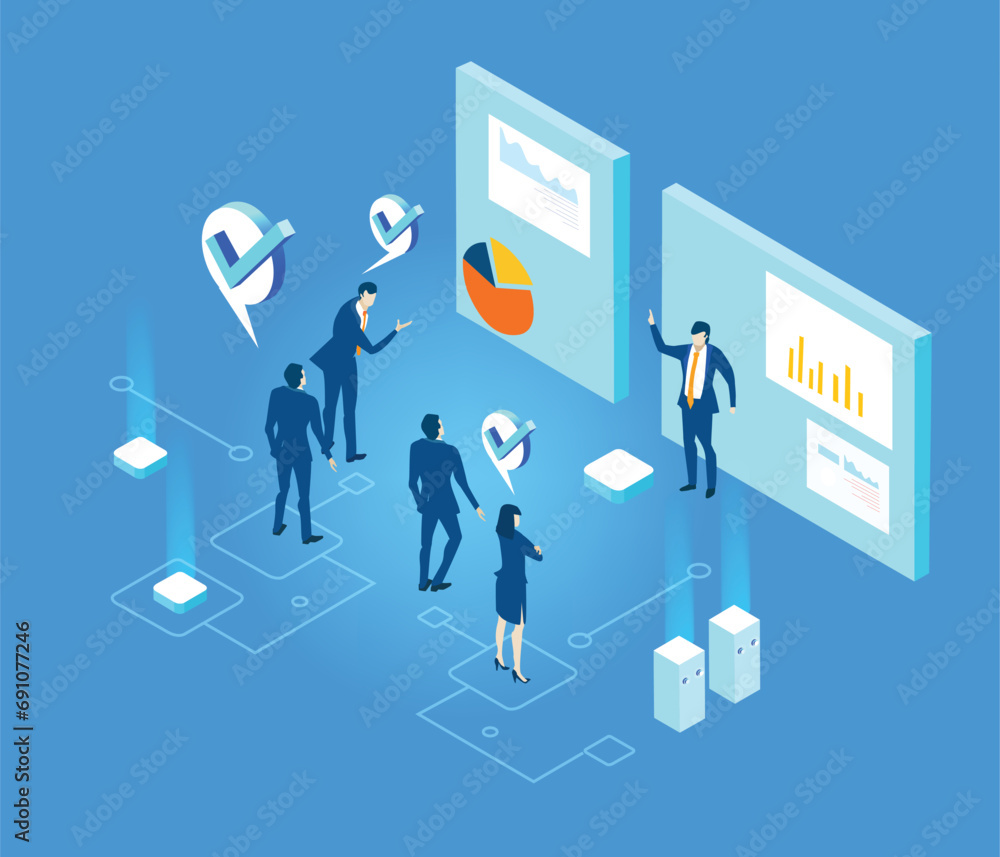 Business people working together around graphs and charts, collaborating on project, sharing ideas, calculating profits, isometric illustration Business people working together around graphs and charts, collaborating on project, sharing ideas, calculating profits, isometric illustration