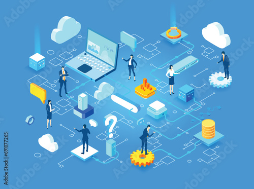 Successful business people working in server room, using technology for business, artificial intelligent, neural network for business. Isometric illustration