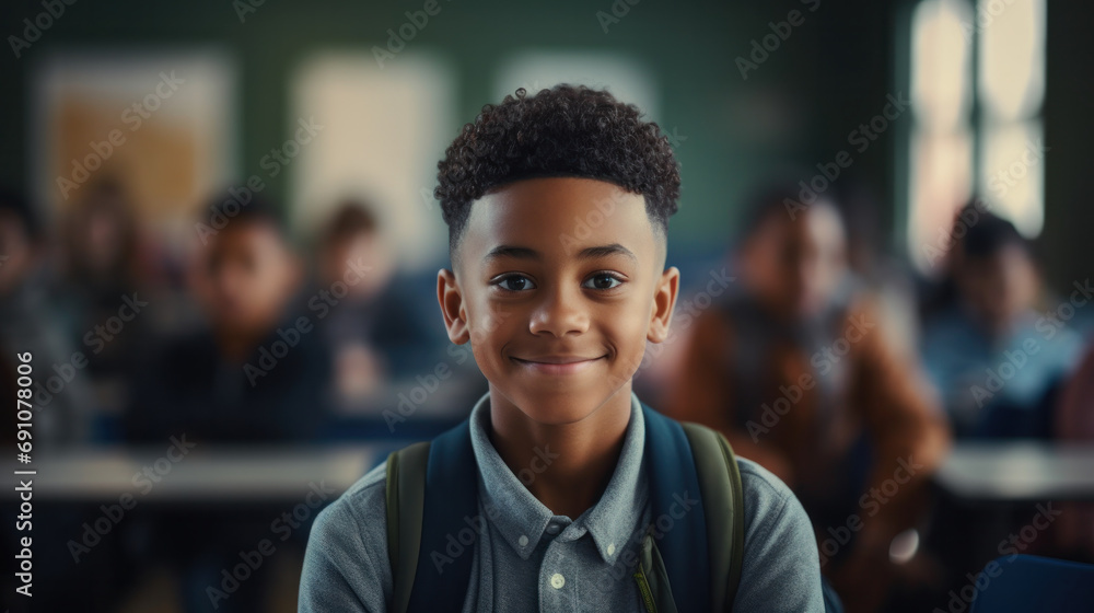 Happy African American schoolboy with a backpack in a busy classroom Happy African American schoolboy with a backpack in a busy classroom