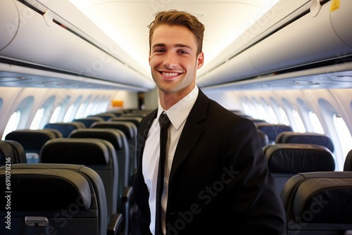 Friendly young man in a suit stands against the backdrop of an empty cabin passenger airplane
