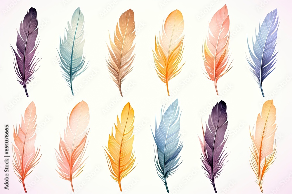 A Collection of Vibrant Colored Feathers on a White Background A Collection of Vibrant Colored Feathers on a White Background