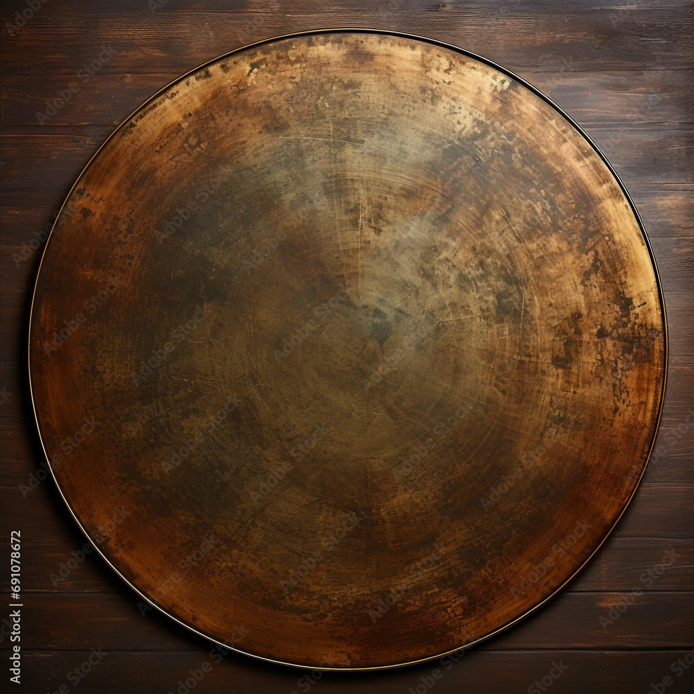 Fototapeta premium An Old Bronze Disc on a Wooden Surface Mockup