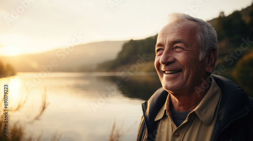 Smiling elderly fisherman catches fish, blurry lake scene at dawn. Conscious longevity.