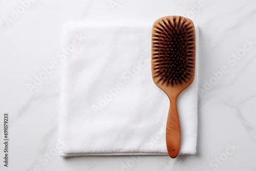 Wooden hair brush and towel on white marble table  top view. 