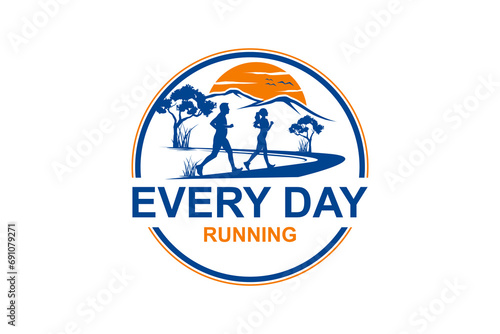 Logo of athlete running marathon outdoors nature view and mountains.
