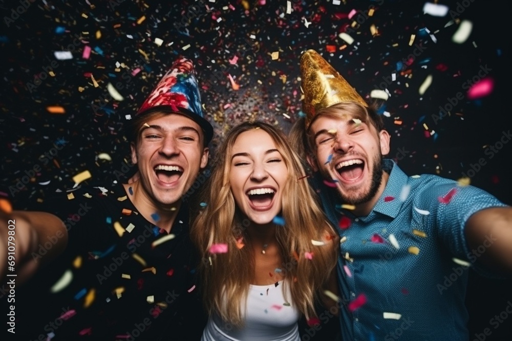 Group of three people celebrating New Year's Eve