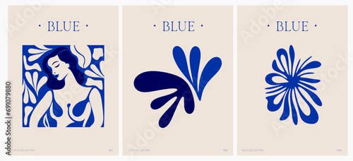 Arte abstracto inspirado en estilo de Matisse, arte moderno decorativo, póster de ilustración vectorial. Colección de decoración floral moderna y arte creativo. Arte moderno. Estética minimal. Azul.