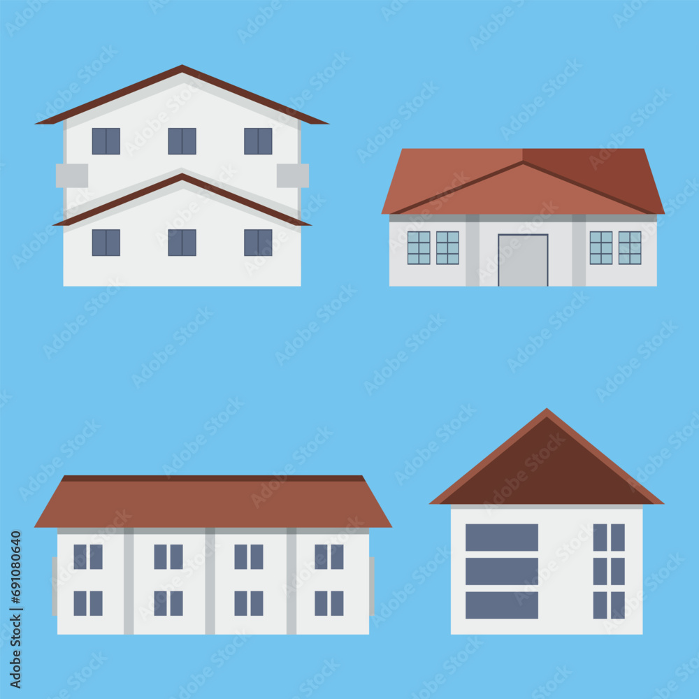 A collection of icons of city buildings. Vector on a blue background