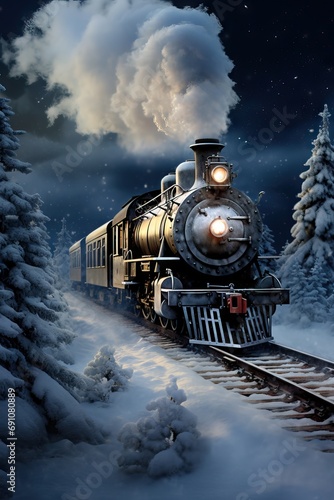 Historic steam locomotive. Old vintage red train ride in the snowy forest in north pole. Fairy tale winter landscape. Retro aesthetic. Christmas and New Year concept. Design for banner, card, poster