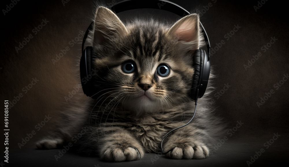small kitten in studio headphones. selective focus. Generative AI,