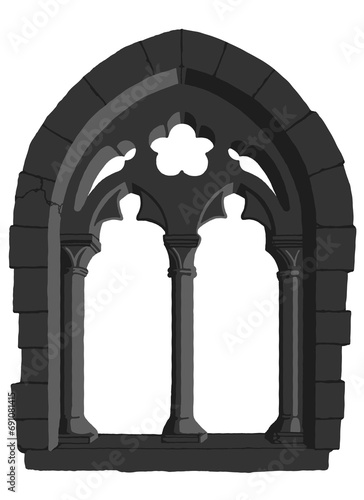 Gothic window plate tracery stylized drawing. Architectural stone engraving  european medieval cathedral church frame illustration