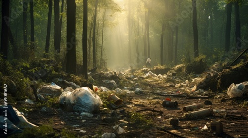 Garbage is scattered in the forest. photo