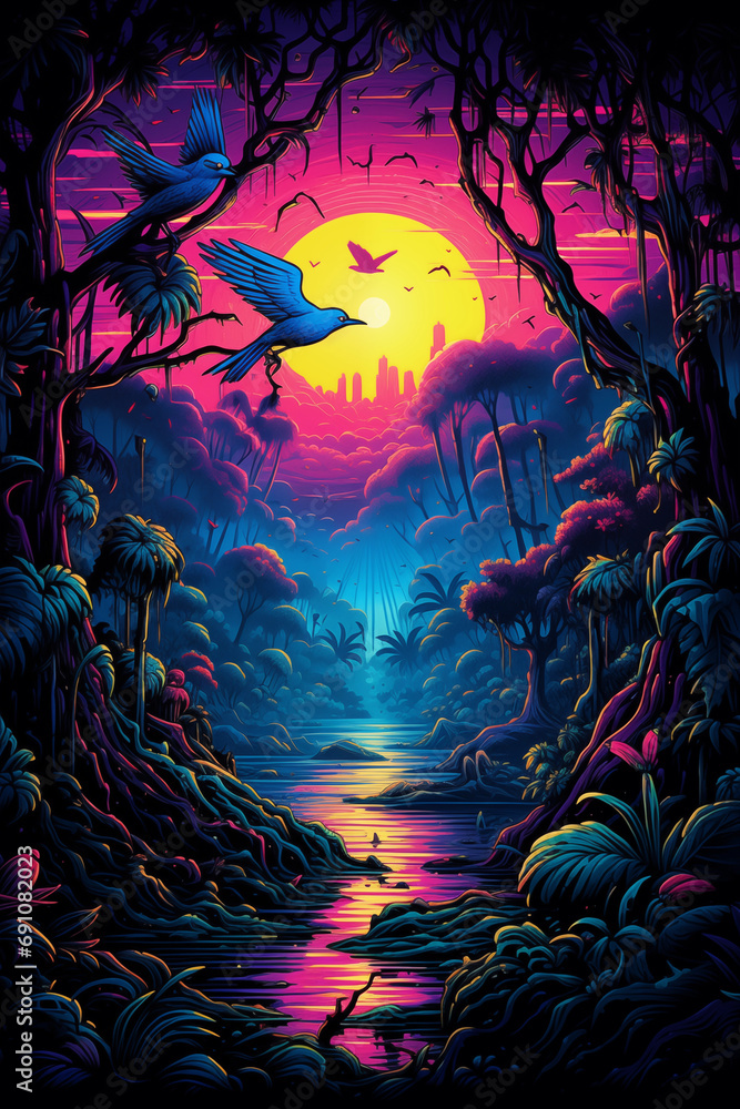 Neon Tropica  silhouette of mountains, trees and birds Sunset Poster and Wallpaper - Generative AI Illustration