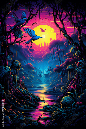 Neon Tropica  silhouette of mountains  trees and birds Sunset Poster and Wallpaper - Generative AI Illustration