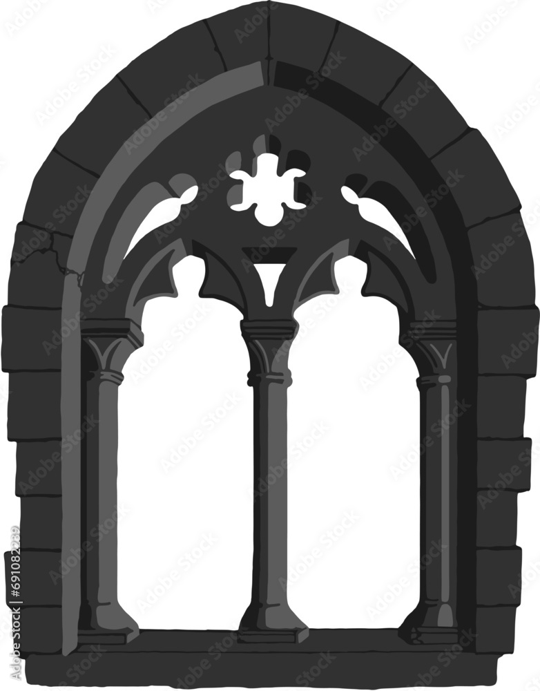 Gothic window plate tracery stylized drawing. Architectural stone engraving; european medieval cathedral/church frame illustration, vector