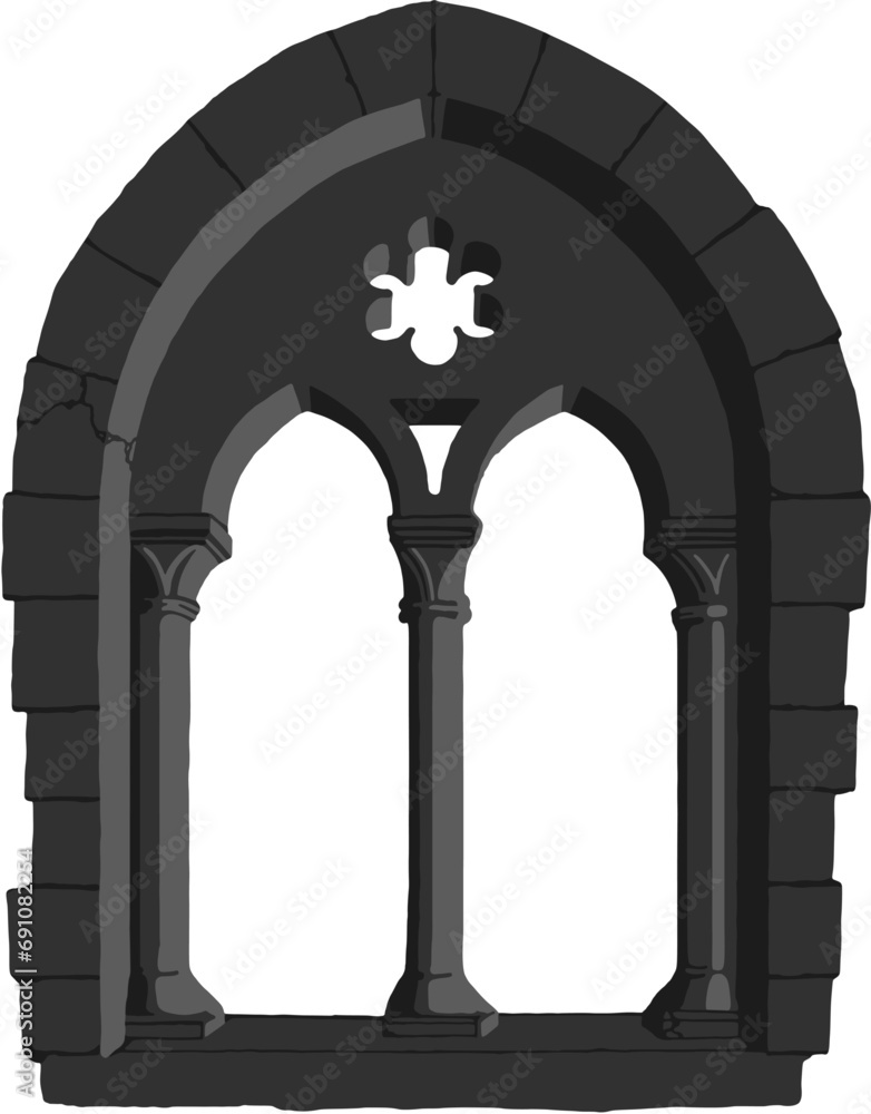 Gothic window plate tracery stylized drawing. Architectural stone engraving; european medieval cathedral/church frame illustration, vector Gothic window plate tracery stylized drawing. Architectural stone engraving; european medieval cathedral/church frame illustration, vector