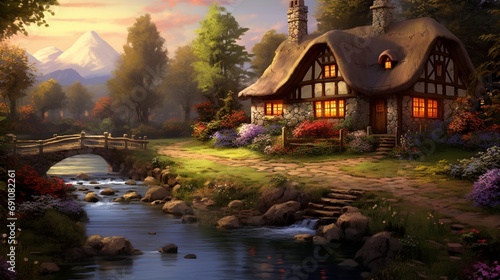 A beautiful house in the woods by the stream, a thatched roof cottage with a large window and wooden beams inside, a small stone bridge over flowing water