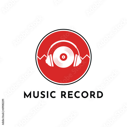 Vector music record with vinyl and headphones logo design concept idea