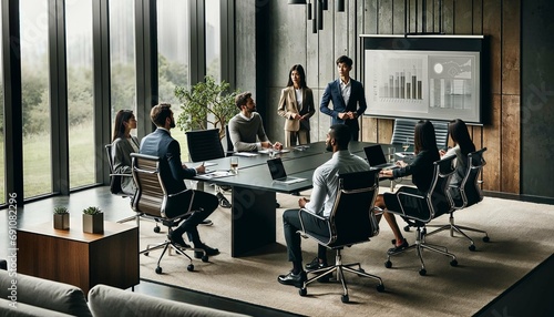 An elegant and modern boardroom scene with a professional delivering a presentation to attentive colleagues