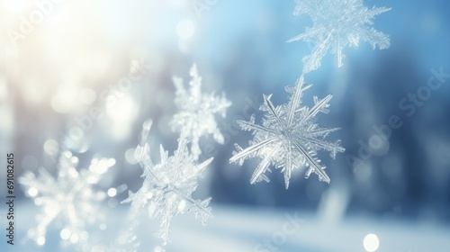 Snowflake shaped bokeh. Combined with blue background. Christmas concept.