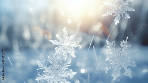 Snowflake shaped bokeh. Combined with blue background. Christmas concept.