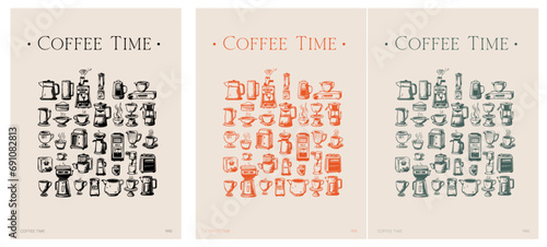 Póster ilustraciones vectoriales de café. Sketch. Vintage. Ilustración. Hora del café. Colores. Póster. Dibujo a mano. Hora del té.