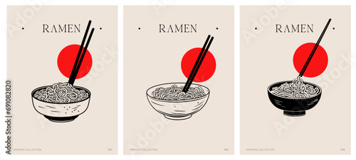 Póster comida japonesa. Póster vectorial. Ramen. Maneki-neko. Cultura japonesa. Japón. Ilustración. Rojo y negro.. 