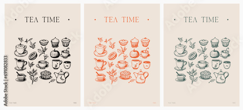 Póster ilustraciones vectoriales de té. Sketch. Vintage. Ilustración. Vegetales. Colores. Póster. Dibujo a mano. Hora del té.