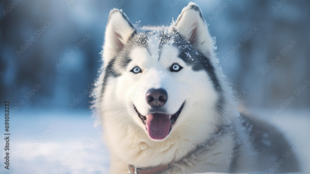beautiful husky dog close up in the snow in winter