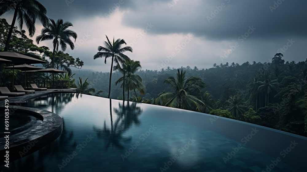 swimming pool overlooking palm trees on an exotic holiday swimming pool overlooking palm trees on an exotic holiday