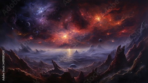 A cosmic panorama capturing the grandeur of a galaxy, with its spiral arms adorned by clusters of brilliant stars and cosmic dust.