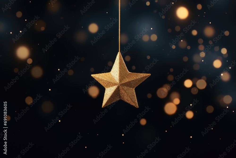 Decoration of golden star on abstract dark blurred background. Five-pointed star shining in and evokes festive mood. Merry Christmas and Happy New Year card or banner template with copy space Decoration of golden star on abstract dark blurred background. Five-pointed star shining in and evokes festive mood. Merry Christmas and Happy New Year card or banner template with copy space