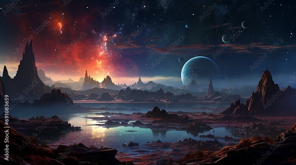 A cosmic panorama of a distant planetary system, showcasing the diverse landscapes and intriguing features of alien worlds.