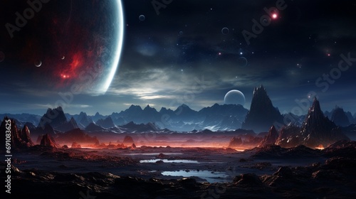 A cosmic panorama of a distant planetary system  showcasing the diverse landscapes and intriguing features of alien worlds.