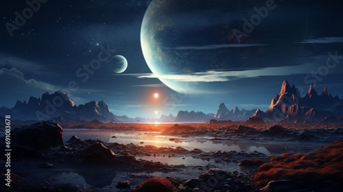A cosmic panorama of a distant planetary system, showcasing the diverse landscapes and intriguing features of alien worlds. #691083678