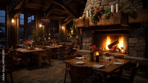A cozy fireside setting in a rustic lodge, with wooden tables laden with hearty, farm-to-table fare.