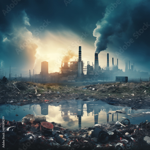 Earth is contaminated with garbage. Concept of environmental pollution, climate changes, global warming, dying earth. Generative AI. photo