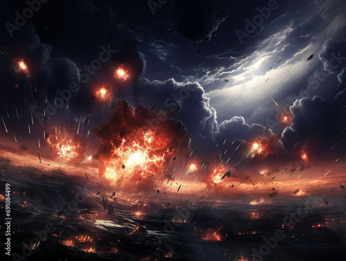 "Intense explosions illuminate the dark night sky, creating a fiery spectacle. Filename: 00069_03_rl."